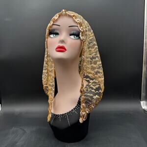 Vintage Mantilla Gold Head Scarf 30" x 18" x 18" Sequin Edged
